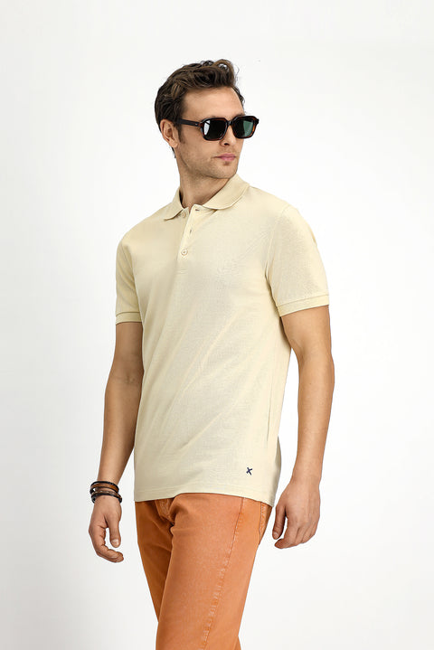 Açık Bej Slim Fit Dar Kesim Nakışlı Pamuk Polo Yaka Tişört