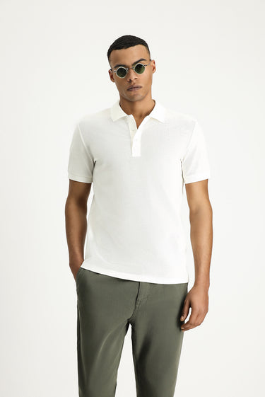 Ekru Slim Fit Dar Kesim Nakışlı Pamuk Polo Yaka Tişört