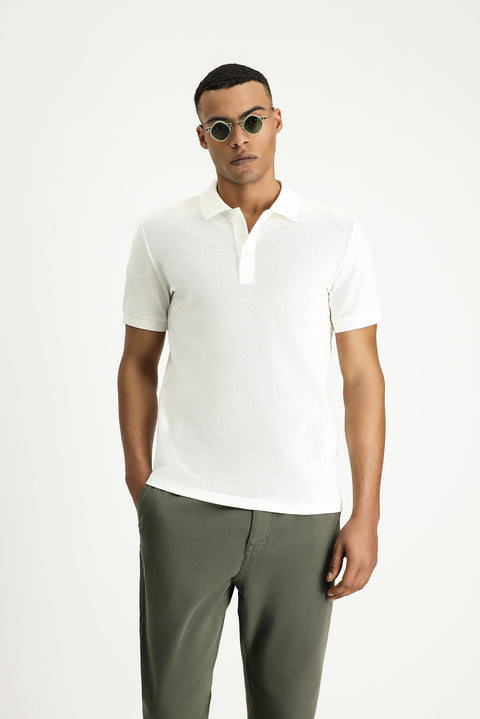 Ekru Slim Fit Dar Kesim Nakışlı Pamuk Polo Yaka Tişört