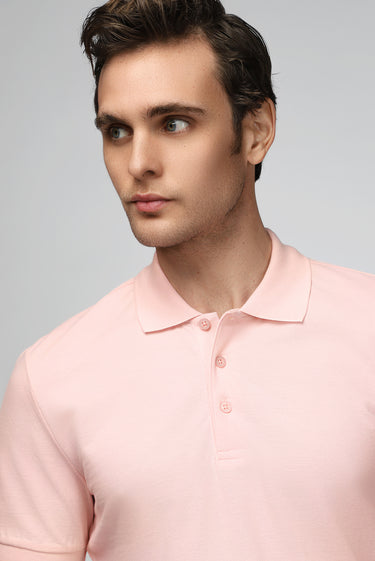 Toz Pembe Slim Fit Dar Kesim Nakışlı Pamuk Polo Yaka Tişört