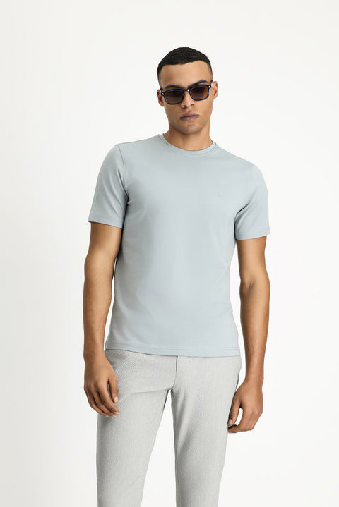 Orta Gri Bisiklet Yaka Slim Fit Yumuşak Dokulu Pamuklu Likralı Esnek Tişört