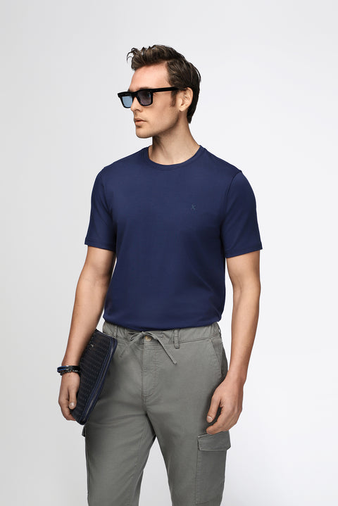 Medium Navy Crew Neck Slim Fit Soft Textured Cotton Lycra Stretch T-Shirt