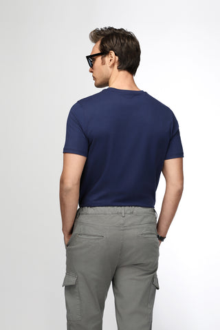 Orta Lacivert Bisiklet Yaka Slim Fit Yumuşak Dokulu Pamuklu Likralı Esnek Tişört