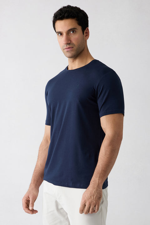 Dark Navy Crew Neck Slim Fit Soft Textured Cotton Lycra Stretch T-Shirt