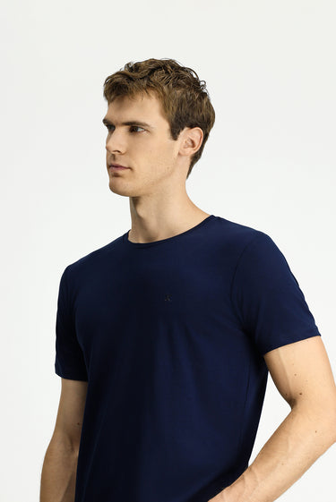 Koyu Lacivert Bisiklet Yaka Slim Fit Dar Kesim Süprem Pamuklu Tişört