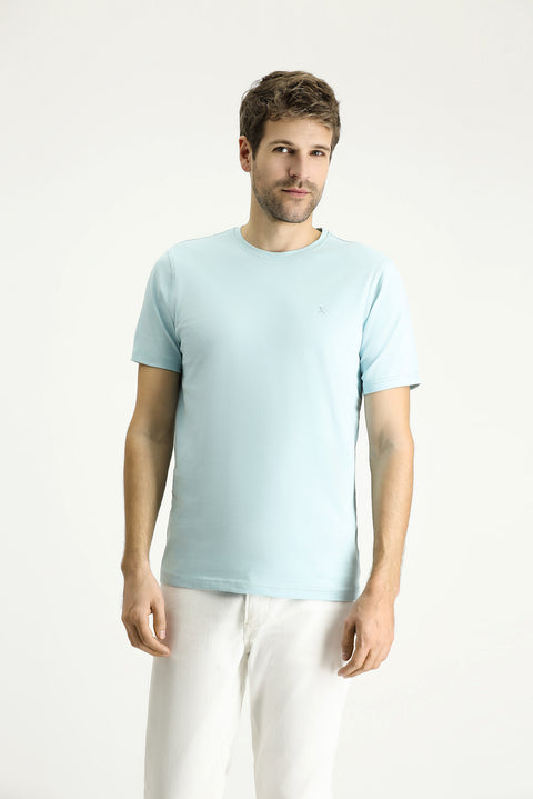Light Blue Crew Neck Slim Fit Soft Textured Cotton Lycra Stretch T-Shirt