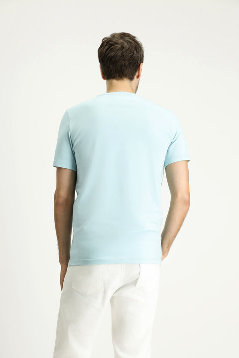 Light Blue Crew Neck Slim Fit Soft Textured Cotton Lycra Stretch T-Shirt