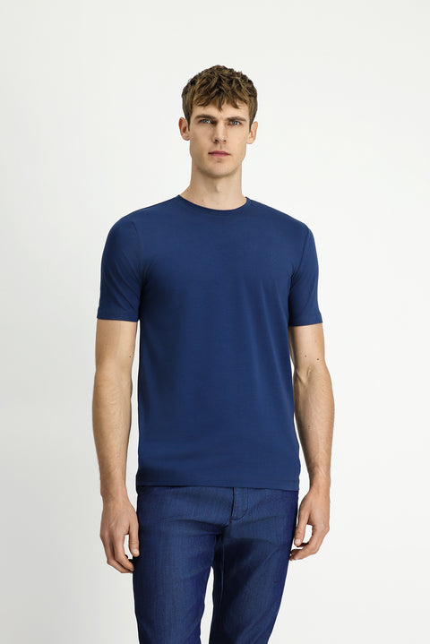 Indigo Crew Neck Slim Fit Soft Textured Cotton Lycra Stretch T-Shirt