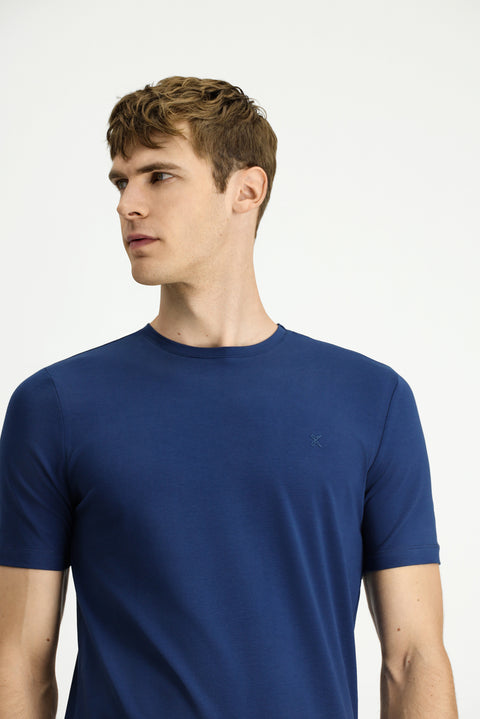 Indigo Crew Neck Slim Fit Soft Textured Cotton Lycra Stretch T-Shirt