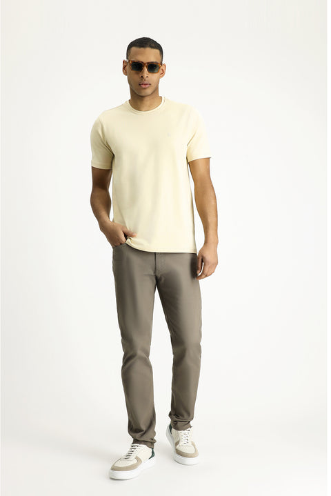 Light Beige Crew Neck Slim Fit Soft Textured Cotton Lycra Stretch T-Shirt