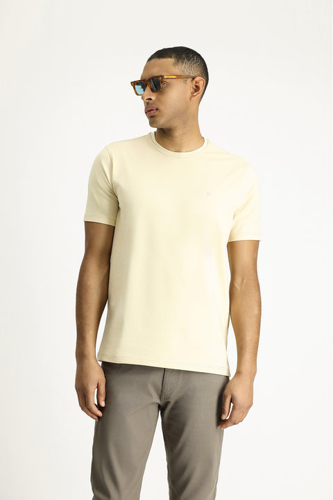 Light Beige Crew Neck Slim Fit Soft Textured Cotton Lycra Stretch T-Shirt