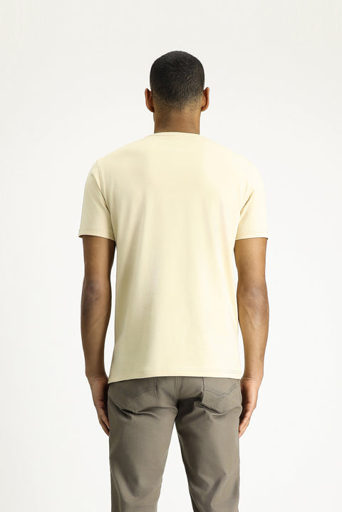 Light Beige Crew Neck Slim Fit Soft Textured Cotton Lycra Stretch T-Shirt