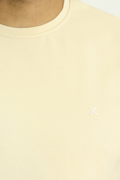 Light Beige Crew Neck Slim Fit Soft Textured Cotton Lycra Stretch T-Shirt
