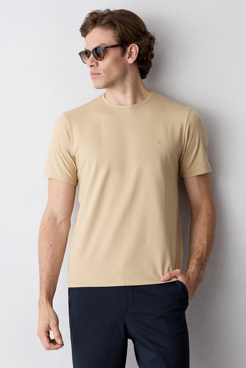 Orta Bej Bisiklet Yaka Slim Fit Yumuşak Dokulu Pamuklu Likralı Esnek Tişört