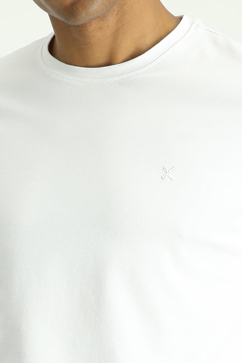 White Crew Neck Slim Fit Soft Textured Cotton Lycra Stretch T-Shirt