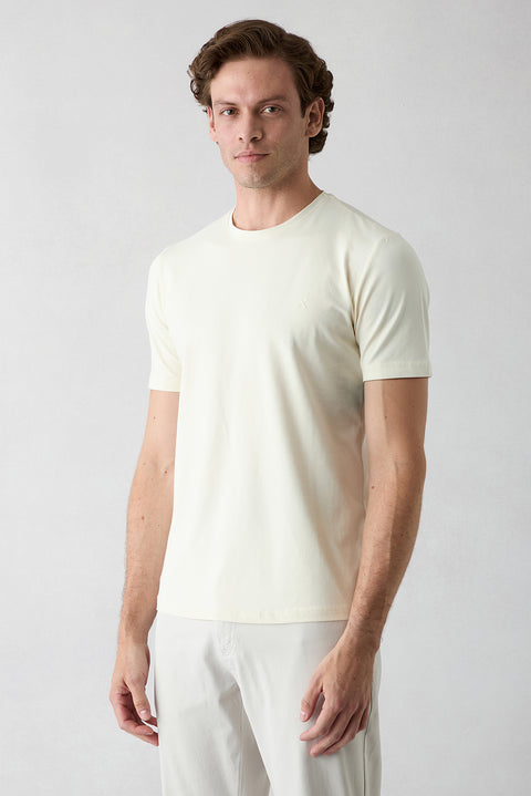 Off-white crew neck slim fit soft textured cotton lycra stretchy t-shirt