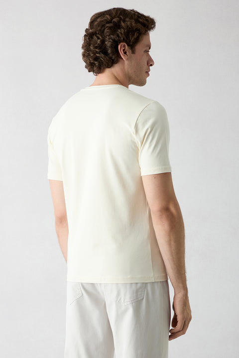 Off-white crew neck slim fit soft textured cotton lycra stretchy t-shirt