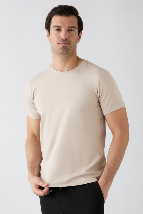 Stone Crew Neck Slim Fit Soft Textured Cotton Lycra Stretch T-Shirt