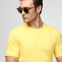Açık Sarı Bisiklet Yaka Slim Fit Dar Kesim Süprem Pamuklu Tişört
