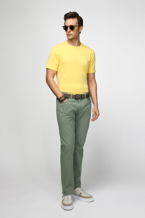 Light Yellow Crew Neck Slim Fit Soft Textured Cotton Lycra Stretch T-Shirt
