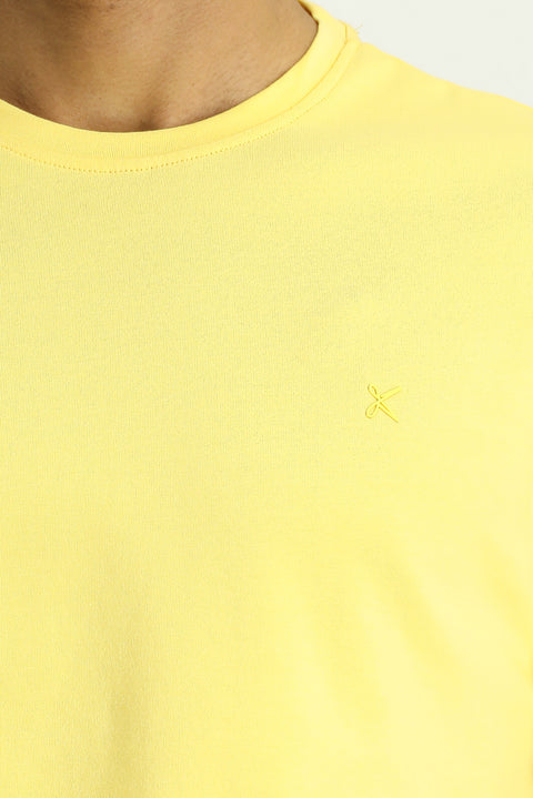 Light Yellow Crew Neck Slim Fit Soft Textured Cotton Lycra Stretch T-Shirt