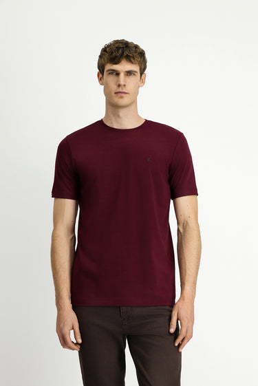 Koyu Bordo Bisiklet Yaka Slim Fit Dar Kesim Süprem Pamuklu Tişört