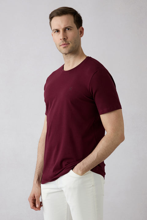 Koyu Bordo Bisiklet Yaka Slim Fit Yumuşak Dokulu Pamuklu Likralı Esnek Tişört