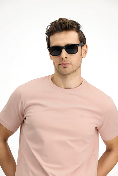 Toz Pembe Bisiklet Yaka Slim Fit Dar Kesim Süprem Pamuklu Tişört