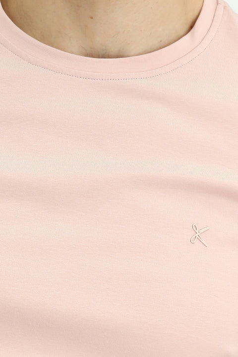 Toz Pembe Bisiklet Yaka Slim Fit Yumuşak Dokulu Pamuklu Likralı Esnek Tişört