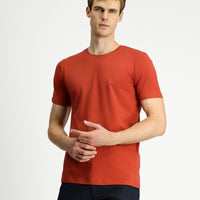 Orange Crew Neck Slim Fit Soft Textured Cotton Lycra Stretch T-Shirt