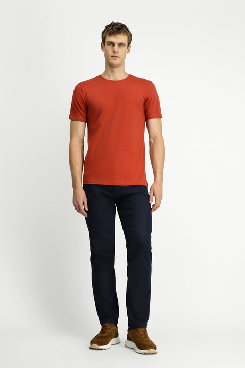 Orange Crew Neck Slim Fit Soft Textured Cotton Lycra Stretch T-Shirt