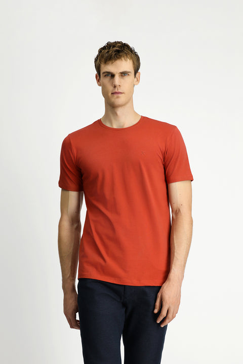 Orange Crew Neck Slim Fit Soft Textured Cotton Lycra Stretch T-Shirt