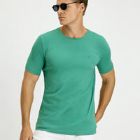 Coral Green Crew Neck Slim Fit Soft Textured Cotton Lycra Stretch T-Shirt