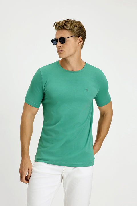Coral Green Crew Neck Slim Fit Soft Textured Cotton Lycra Stretch T-Shirt