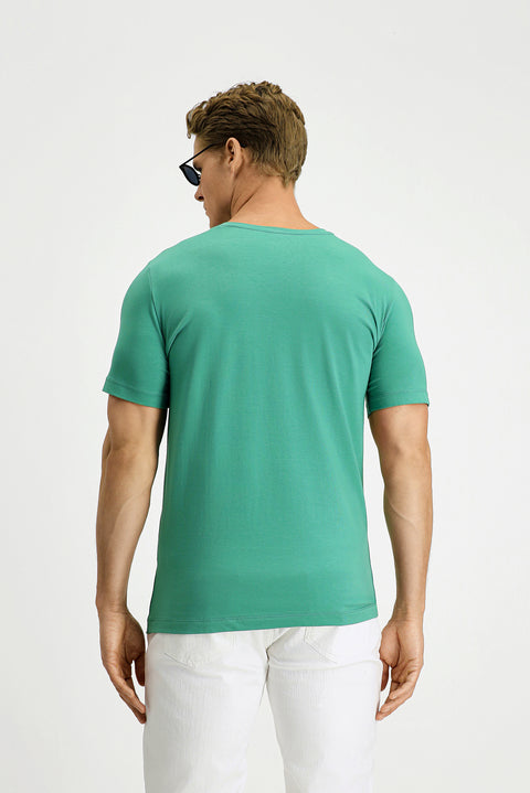 Coral Green Crew Neck Slim Fit Soft Textured Cotton Lycra Stretch T-Shirt
