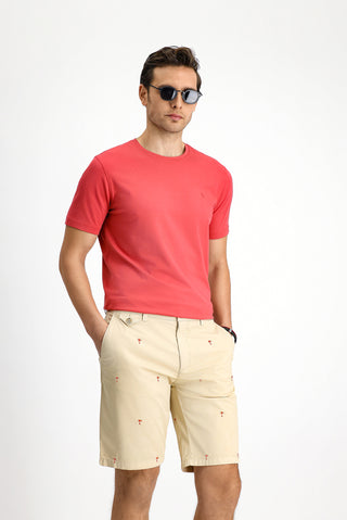 Açık Kırmızı Bisiklet Yaka Slim Fit Yumuşak Dokulu Pamuklu Likralı Esnek Tişört
