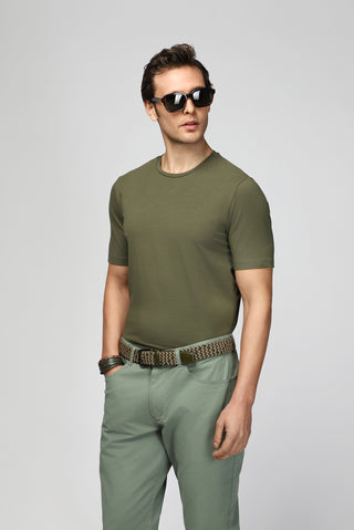 Orta Haki Bisiklet Yaka Slim Fit Dar Kesim Pamuklu Tişört