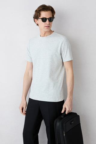 Açık Gri Melanj Bisiklet Yaka Slim Fit Dar Kesim Süprem Pamuklu Basic Tişört