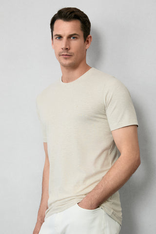 Açık Bej Melanj Bisiklet Yaka Slim Fit Dar Kesim Süprem Pamuklu Basic Tişört