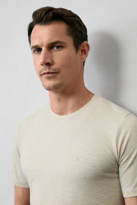 Open Beige Melange Crew Neck Slim Fit Supreme Cotton Basic T-Shirt