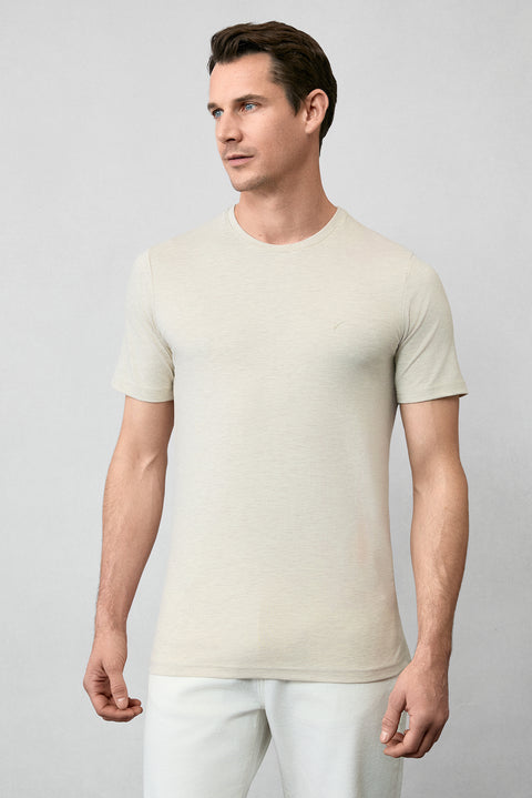 Open Beige Melange Crew Neck Slim Fit Supreme Cotton Basic T-Shirt
