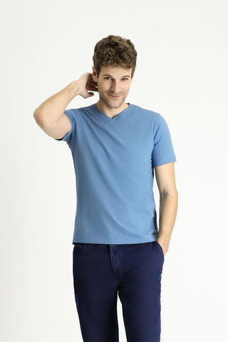 Havacı Mavi V Yaka Slim Fit Dar Kesim Süprem Pamuklu Basic Tişört