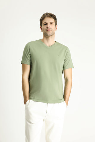 Orman Yeşili V Yaka Slim Fit Dar Kesim Süprem Pamuklu Basic Tişört