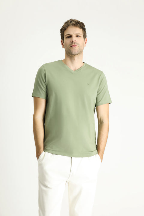 Orman Yeşili V Yaka Slim Fit Dar Kesim Süprem Pamuklu Basic Tişört