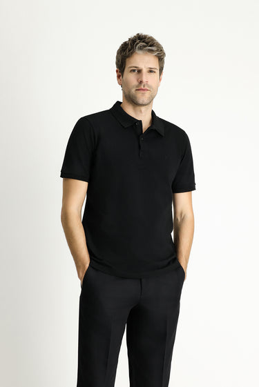 Siyah Regular Fit Nakışlı Pamuk Polo Yaka Tişört
