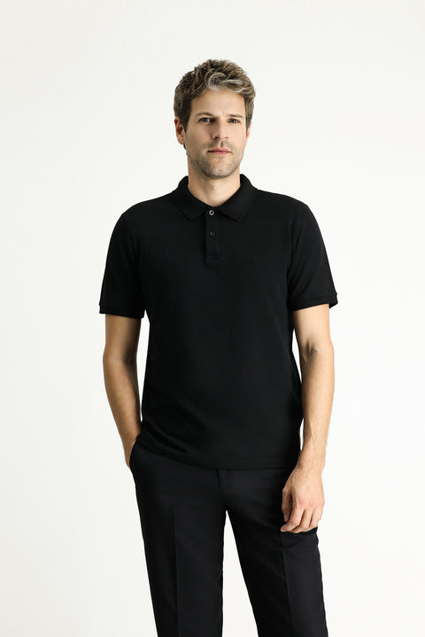Black Regular Fit Embroidered Cotton Polo Shirt