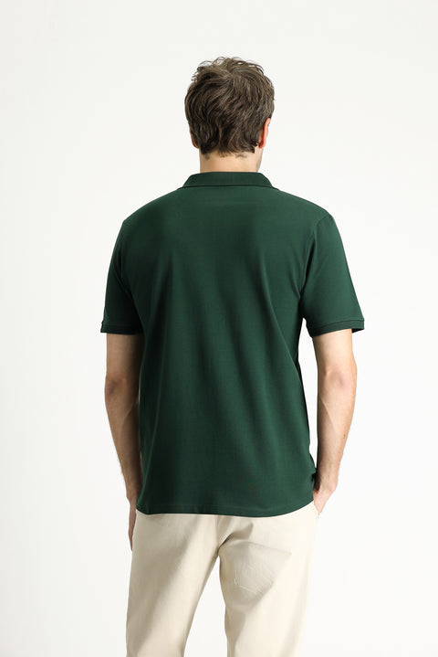 Koyu Yeşil Regular Fit Nakışlı Pamuk Polo Yaka Tişört
