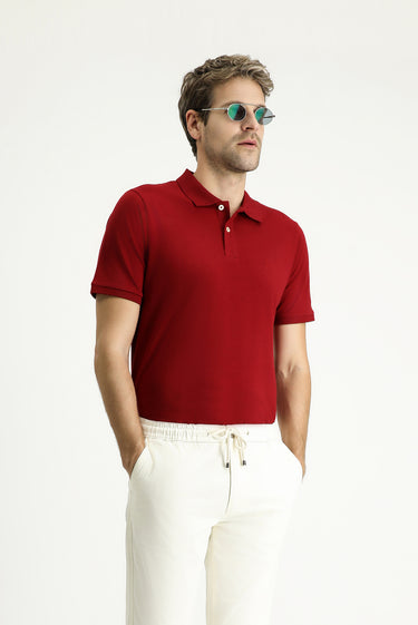 Koyu Kırmızı Regular Fit Nakışlı Pamuk Polo Yaka Tişört