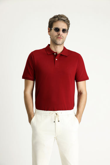 Koyu Kırmızı Regular Fit Nakışlı Pamuk Polo Yaka Tişört
