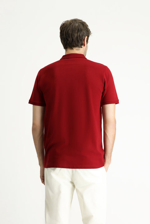 Koyu Kırmızı Regular Fit Nakışlı Pamuk Polo Yaka Tişört